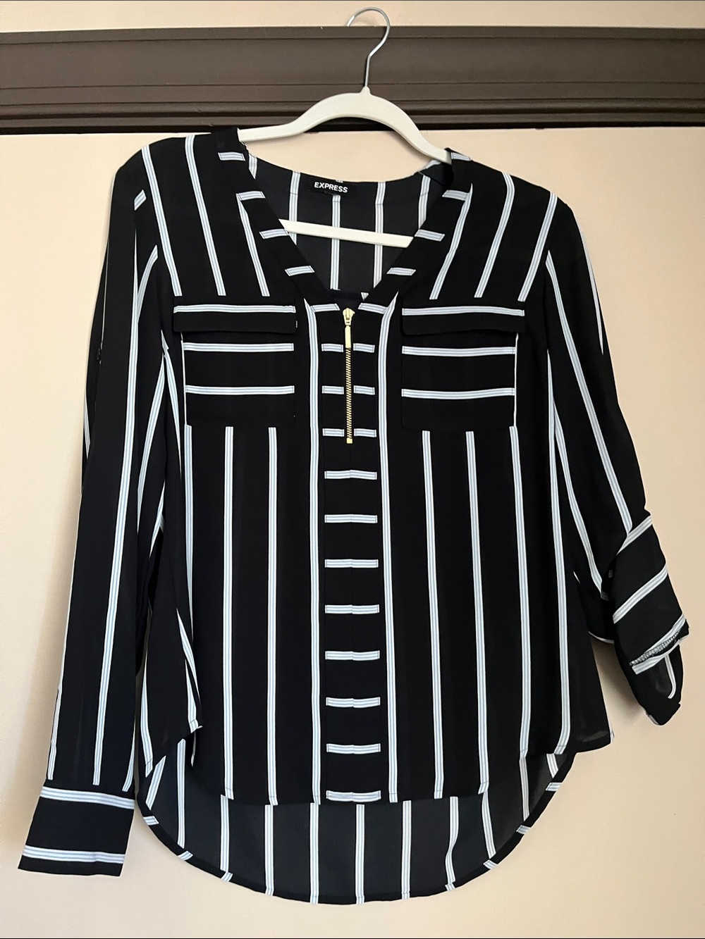 Express Black & White Vertical Stripe Zip Pullover Blouse